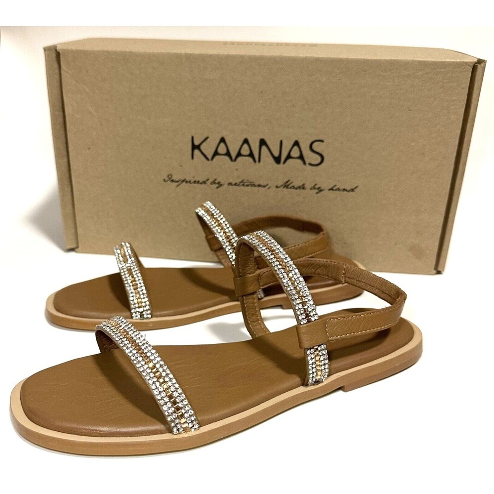 KANAAS Sandals Women's Size 6 Mariah Double Diamond Band Gold Brown Flat Heel